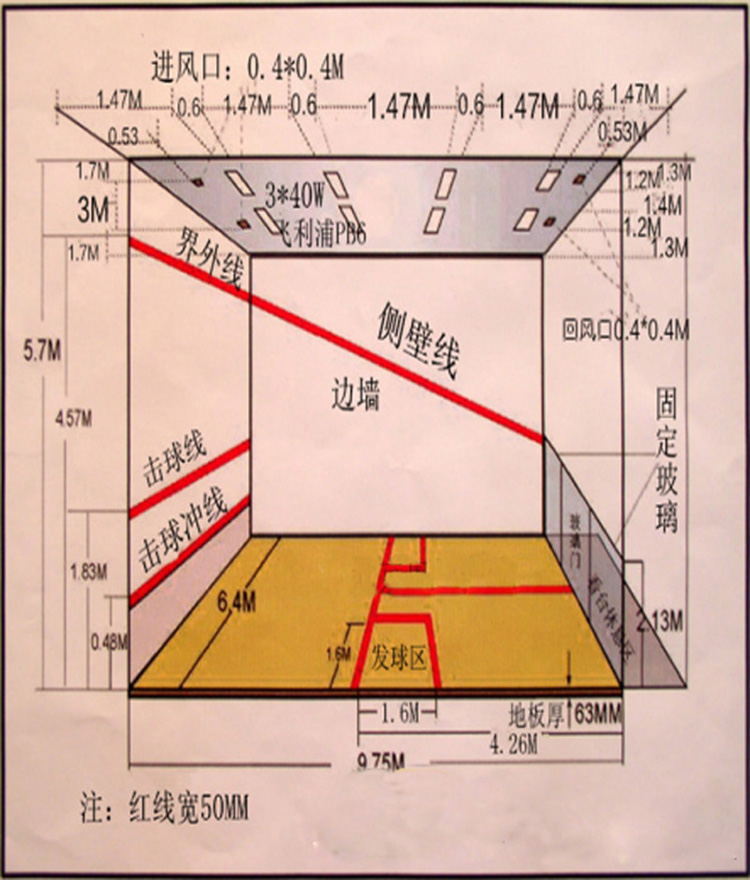 二,壁球馆介绍  (1)壁球场地分正面墙,两侧边墙和用玻璃砖制成的后侧